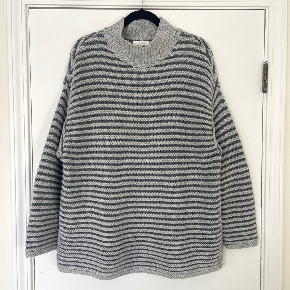 Haven Well Within Ottoman Stitch Striped Mock Neck Sweater Grey Wool Blend Large - Picture 2 of 8